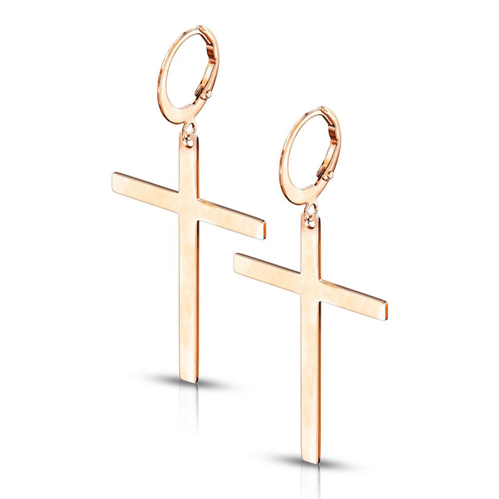 Rose Gold PVD Leverback Earrings Cross Dangle Surgical Steel Hypoallergenic